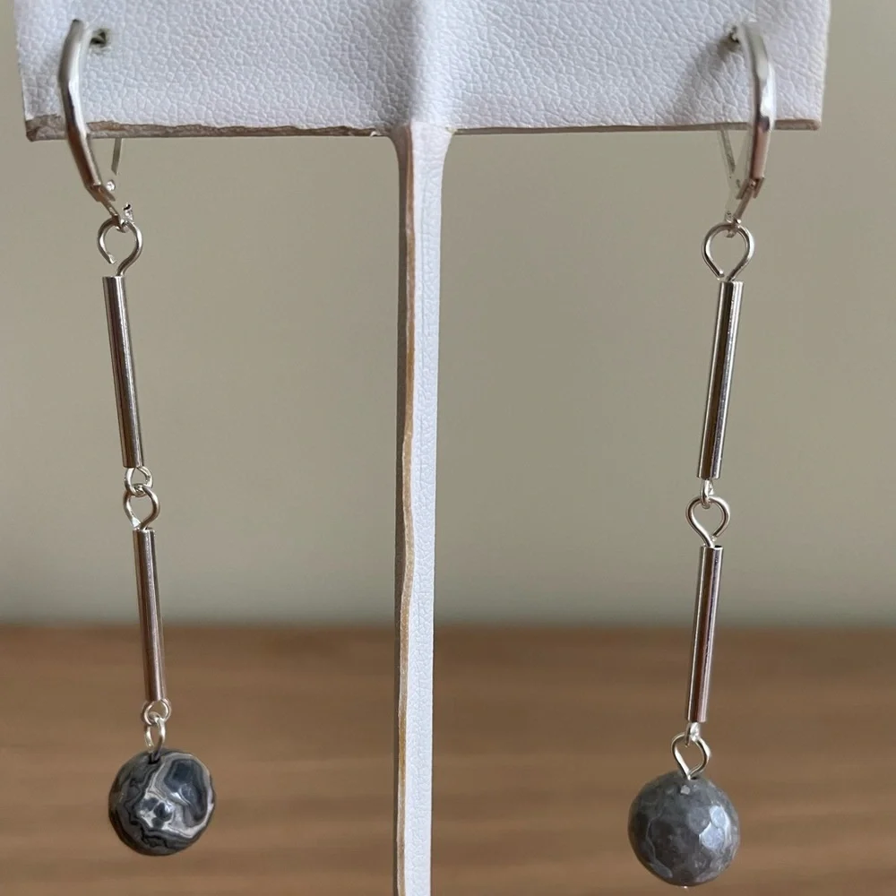 HAND CRAFTED Earrings Gray Polished Agate Silver Tubes Long Dangling